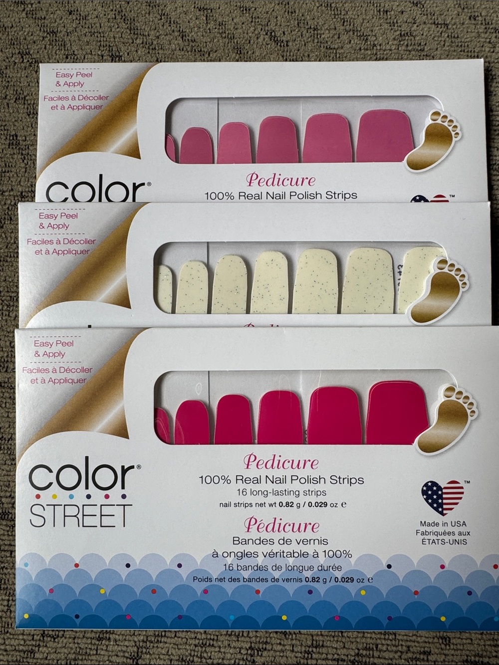 Color Street Pedicure Nail Strip Bundle: Hot Pink, Pink & Glitter Cream Trio NIP
